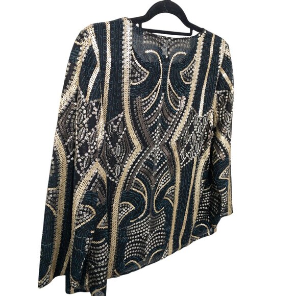 Chico's Sheer Open Jacket Travelers Collection Gold Black Geometric SZ L Sequin - Picture 2 of 11